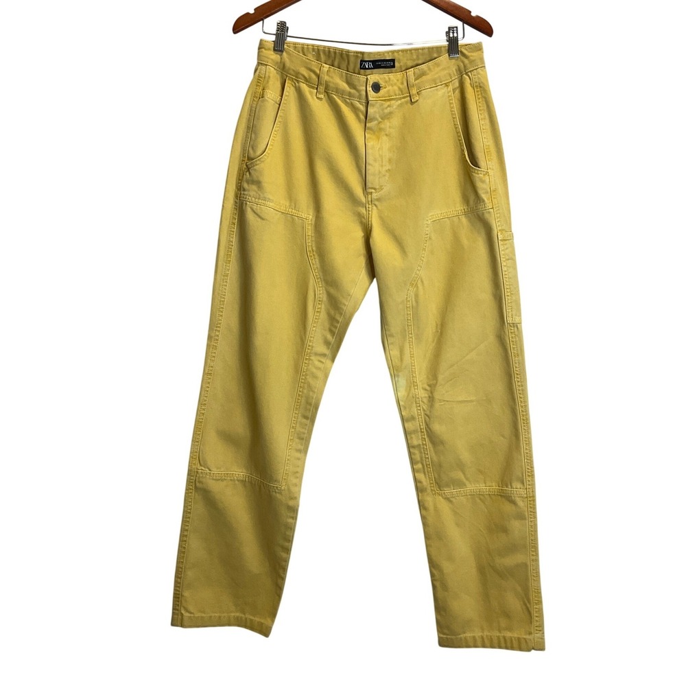 Zara Duxbak Denim Cargo Utility Pants‎ Oversized Yellow Relaxed Straight Leg 30